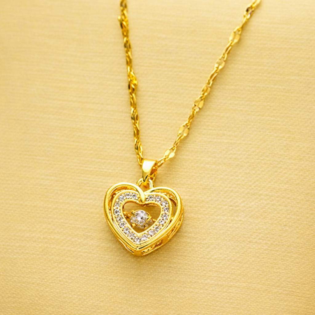 GlowFinch Gold finish Double Heart Crystal Pendant Necklace for Women | Elegant Love Jewellery