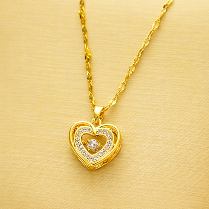 GlowFinch Gold finish Double Heart Crystal Pendant Necklace for Women | Elegant Love Jewellery