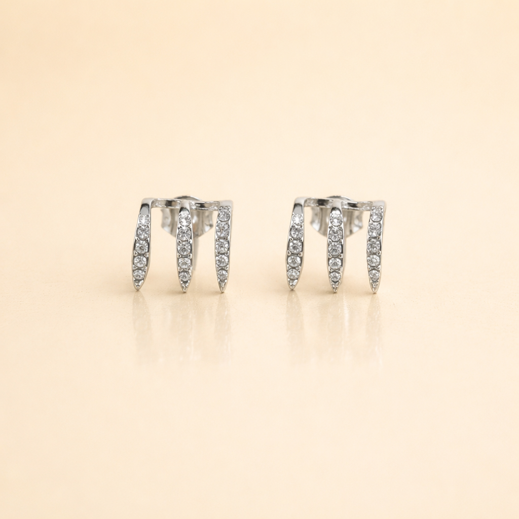 Silver Crystal Triple Claw Stud Earrings | Fashion Jewelry for Women