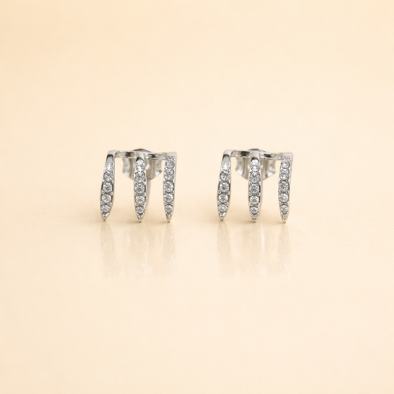 Silver Crystal Triple Claw Stud Earrings | Fashion Jewelry for Women