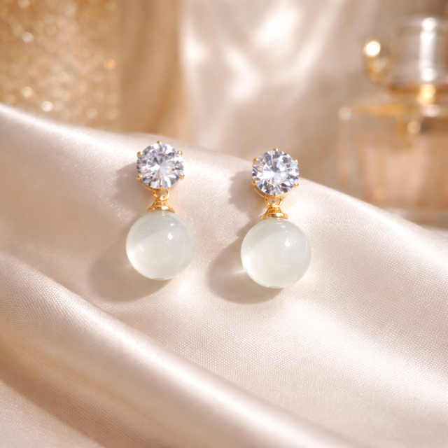 Gold Finish Pearl Drop Earrings for Women with Crystal Stud