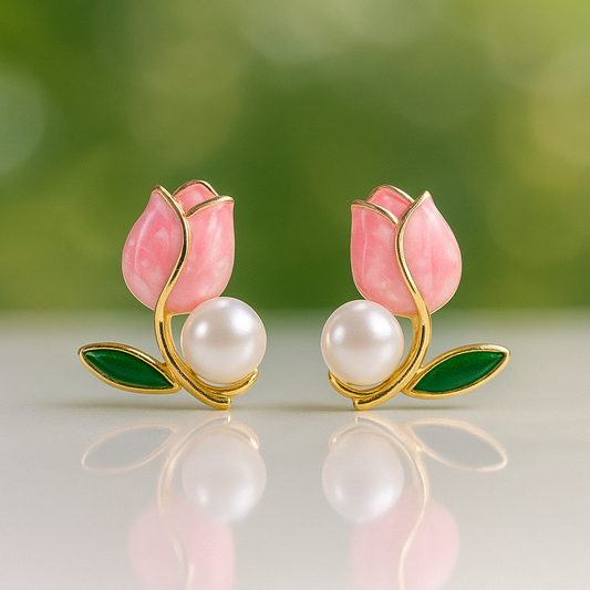 Pink Tulip Blossom Pearl Stud Earrings for Women | Elegant Floral Jewellery