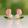 Pink Tulip Blossom Pearl Stud Earrings for Women | Elegant Floral Jewellery