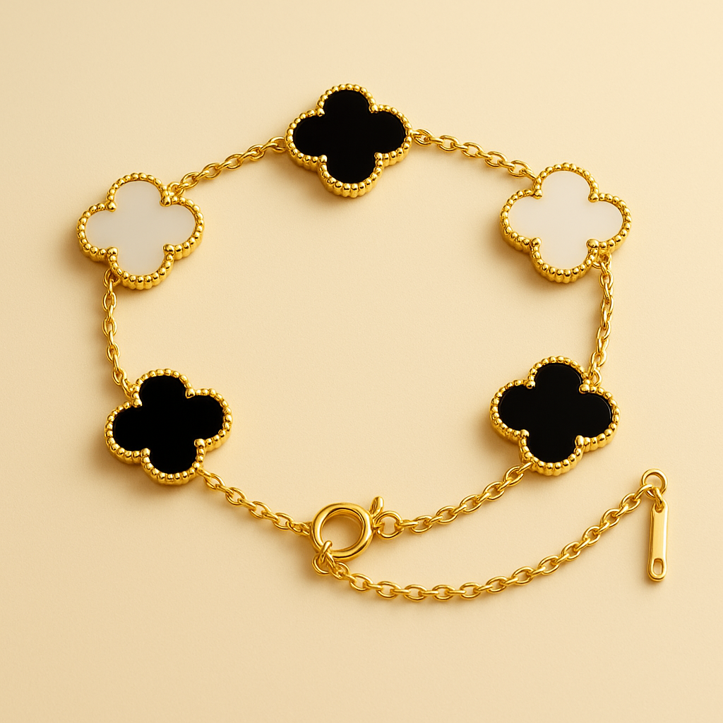 Black & White Clover Charm Bracelet for Women | Gold-Plated Enamel Jewellery