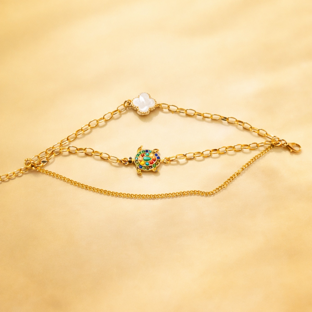 Gold Finish Turtle & Clover Bracelet for Women 3 in 1