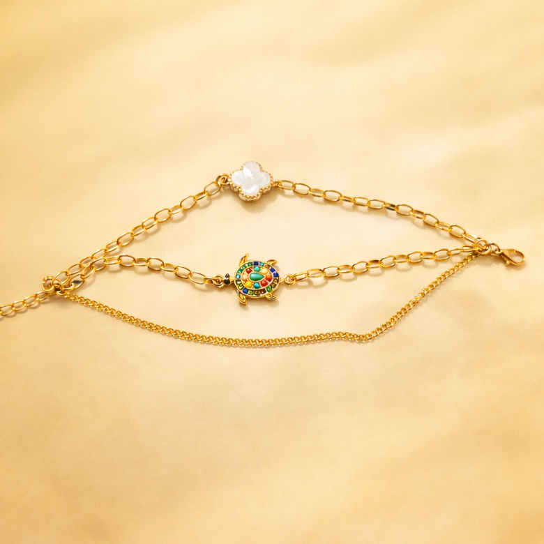 Gold Finish Turtle & Clover Bracelet for Women 3 in 1