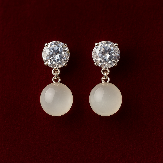 Silver Crystal Stud Earrings with Frosted Stone Drop - Sparkling & Elegant