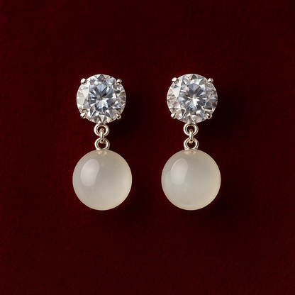 Silver Crystal Stud Earrings with Frosted Stone Drops