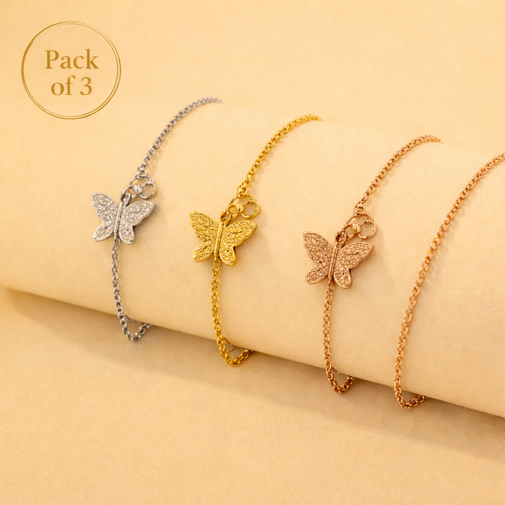 Butterfly Bracelet Combo Gold Silver Rose Gold Finish for Women