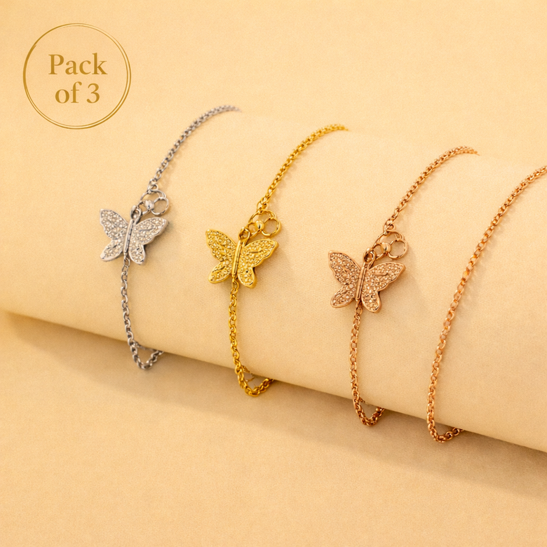 Butterfly Bracelet Combo Gold Silver Rose Gold Finish for Women