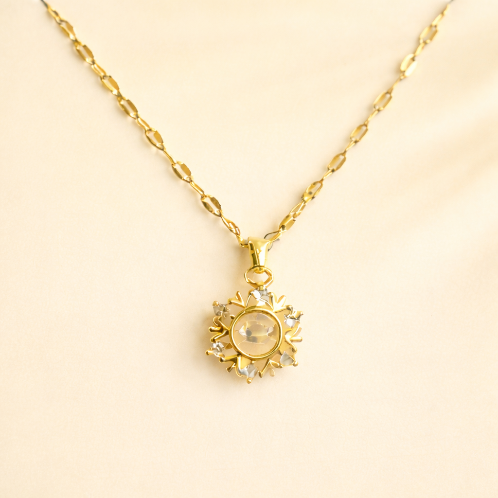 Gold Finish Sunburst Crystal Pendant Necklace for Women