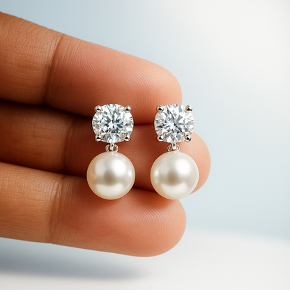Elegant Pearl & Crystal Silver Stud Earrings