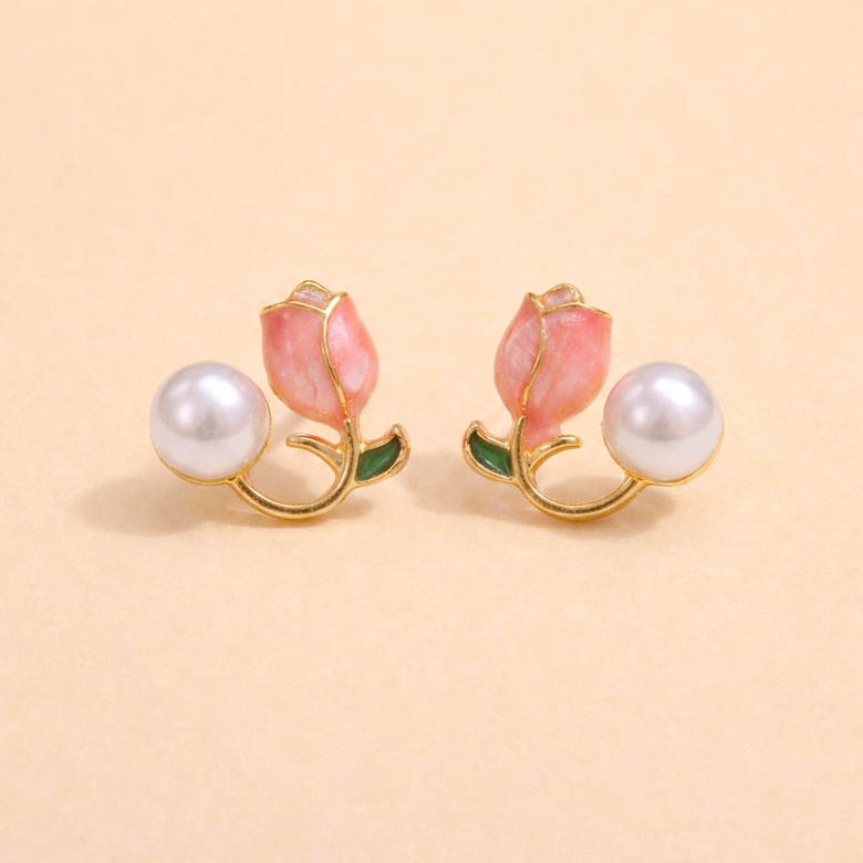 Rose Bud Pearl Stud Earrings Gold Finish for Women