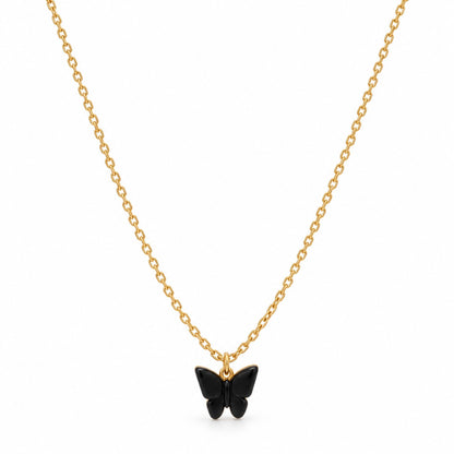 Gold black butterfly pendant chain necklace for women on a white background