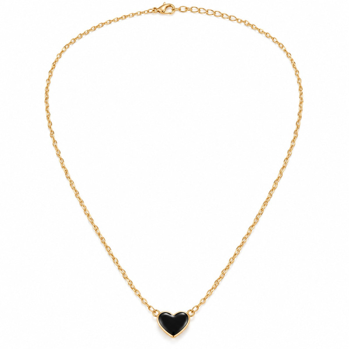 Gold black heart pendant chain necklace for women on a white background