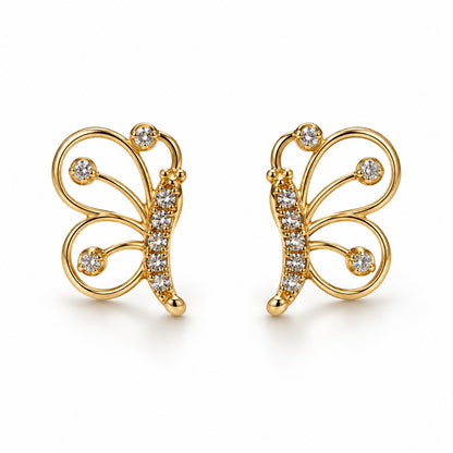 Gold butterfly stud earrings for women and girls with crystals on a white background
