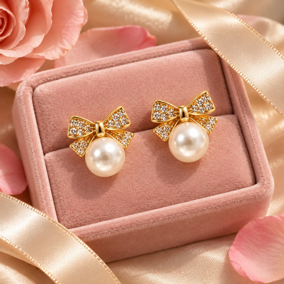 Gold crystal bow pearl stud earrings on a blush-pink velvet jewellery box with petals