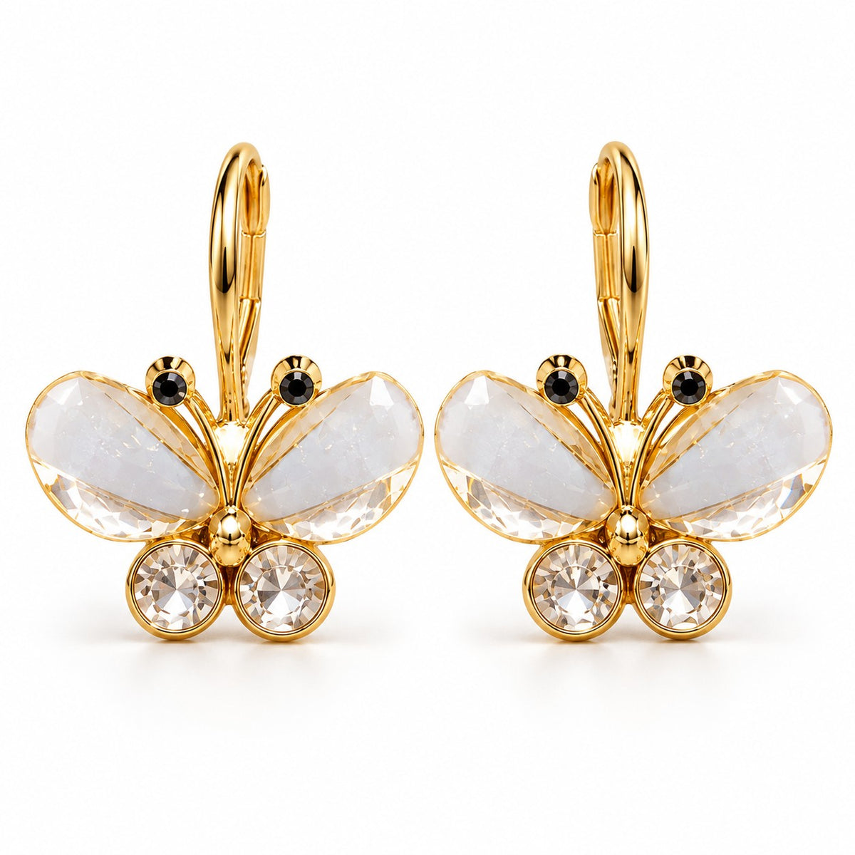 Gold crystal butterfly drop earrings for women with lever-back hooks on a white background