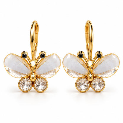 Gold crystal butterfly drop earrings for women with lever-back hooks on a white background