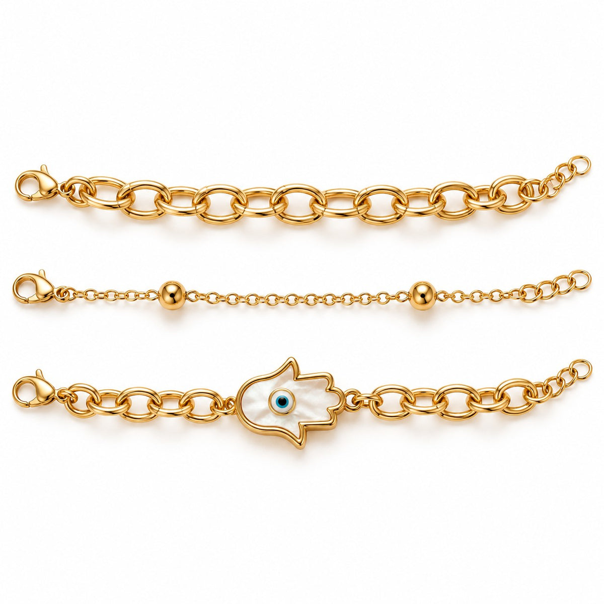 Gold hamsa evil eye bracelet set of 3 laid side by side on a white background