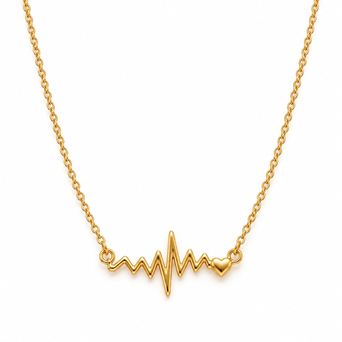 Gold heartbeat pendant chain necklace for women on a white background