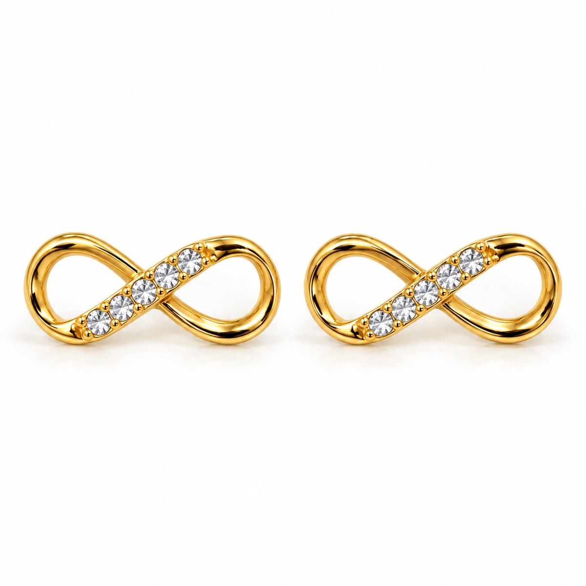 Gold infinity crystal stud earrings with open figure-eight design on a white background