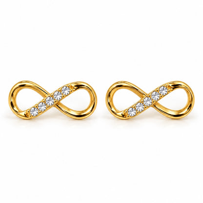 Gold infinity crystal stud earrings with open figure-eight design on a white background