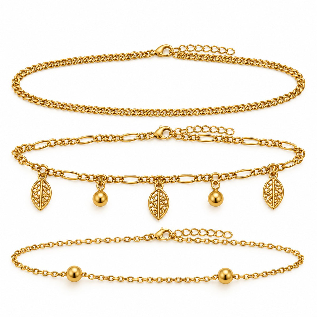Gold leaf charm anklet set of 3 laid side by side on a white background