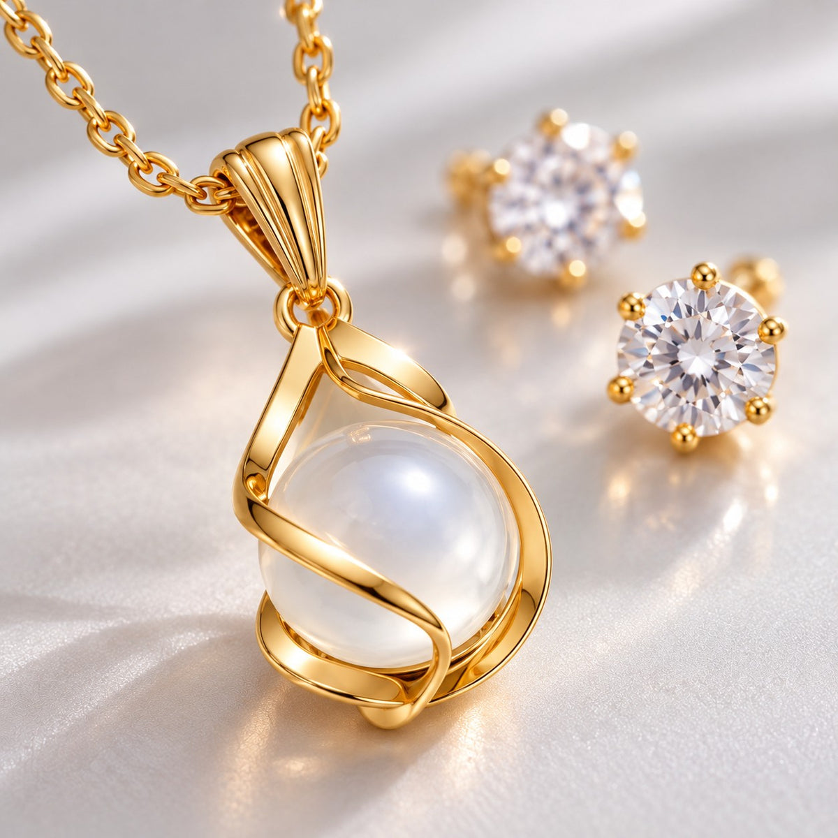 Close-up of the milky moonstone-effect stone in a gold swirl pendant frame