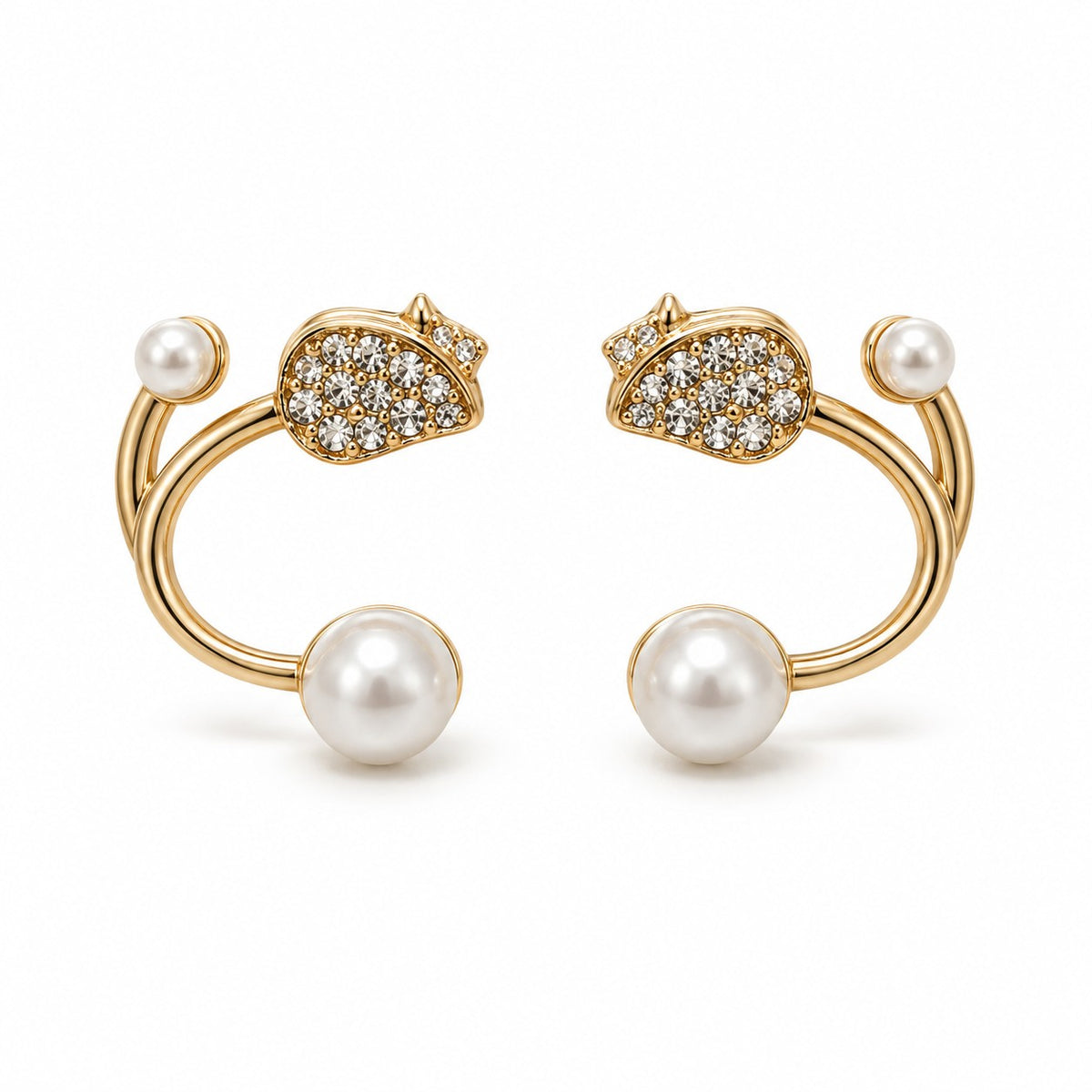 Gold pearl open hoop stud earrings for women with crystal pave studs on a white background