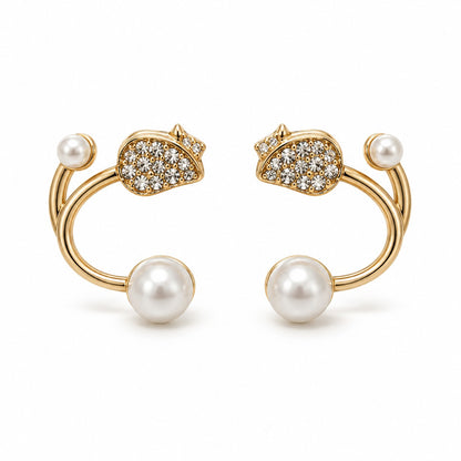 Gold pearl open hoop stud earrings for women with crystal pave studs on a white background