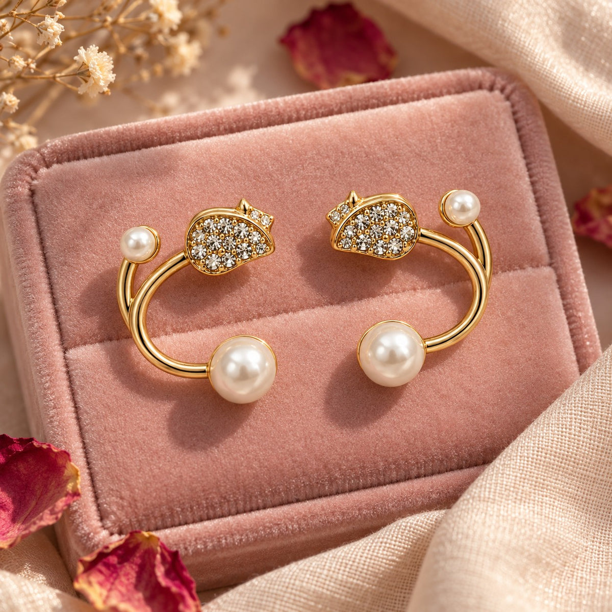 Gold pearl open hoop stud earrings on a blush-pink velvet jewellery box with petals