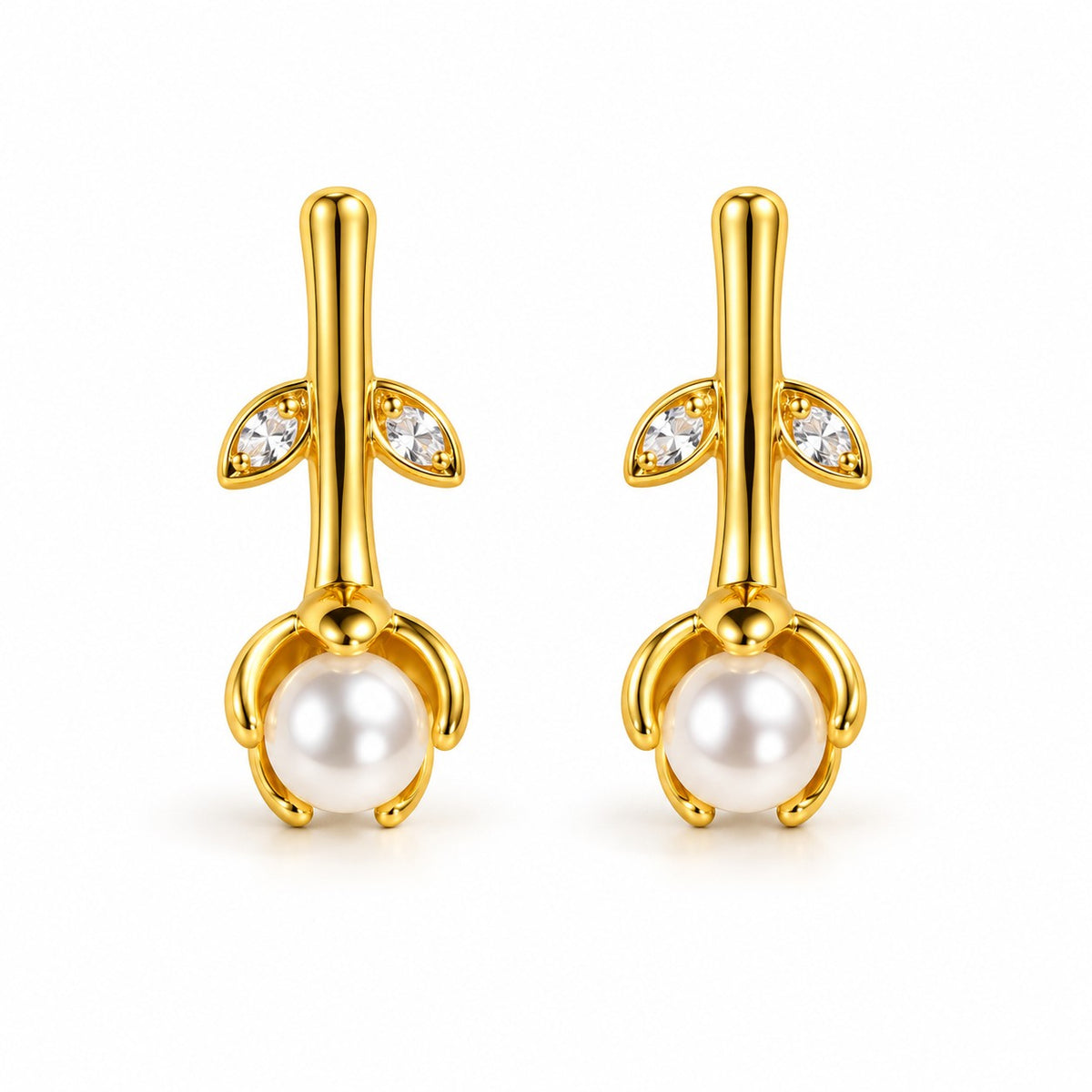 Gold rosebud pearl drop earrings for women on a white background
