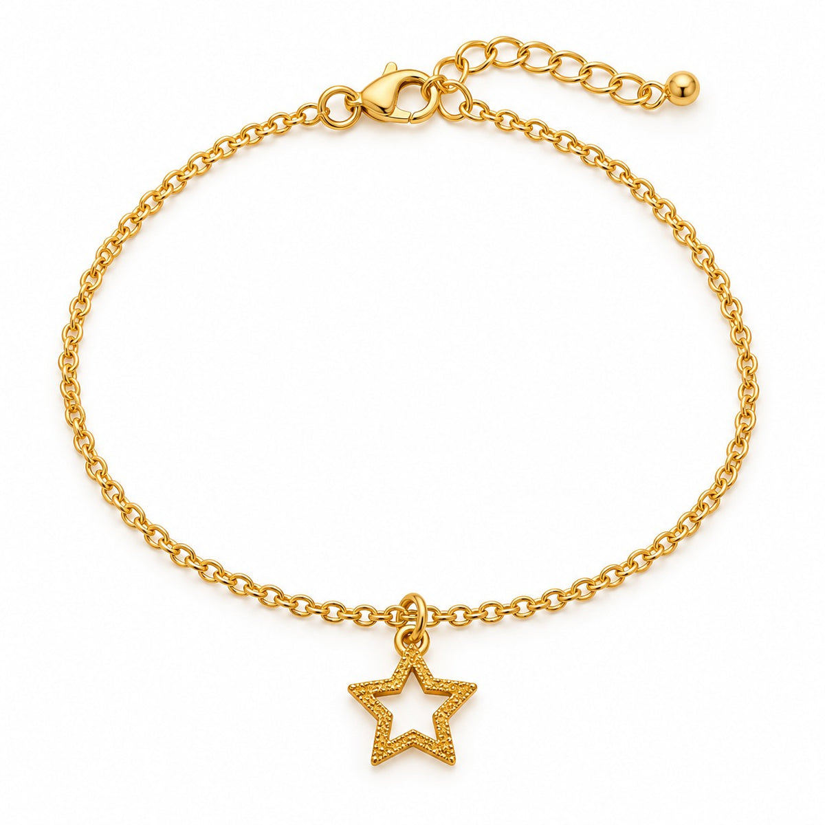 Gold star charm bracelet with an open textured star charm on a white background