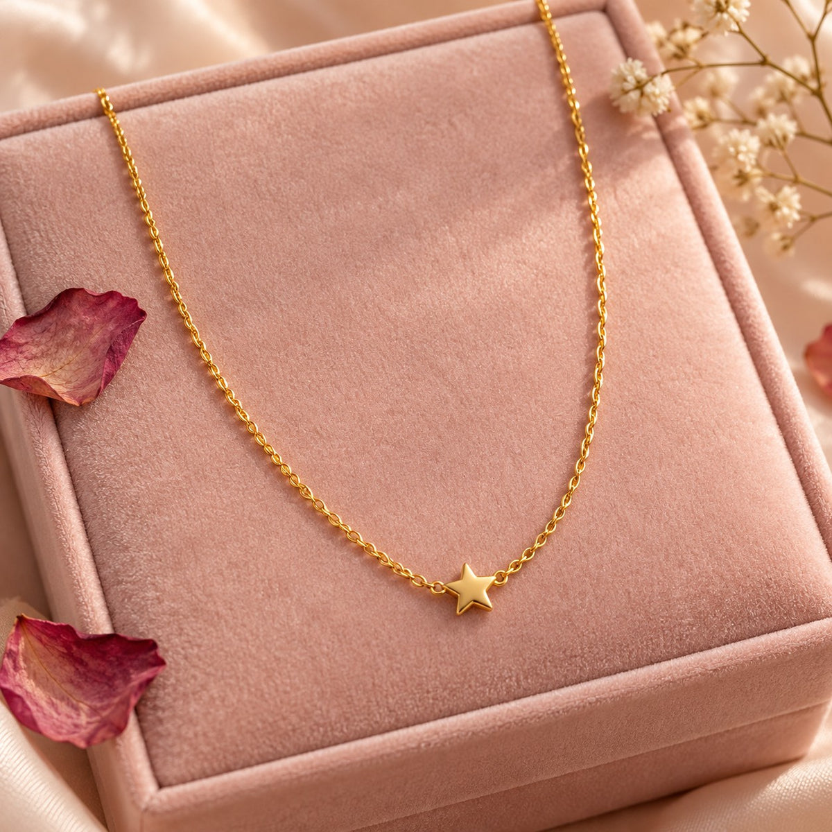 Gold star pendant chain necklace on a blush-pink velvet jewellery box