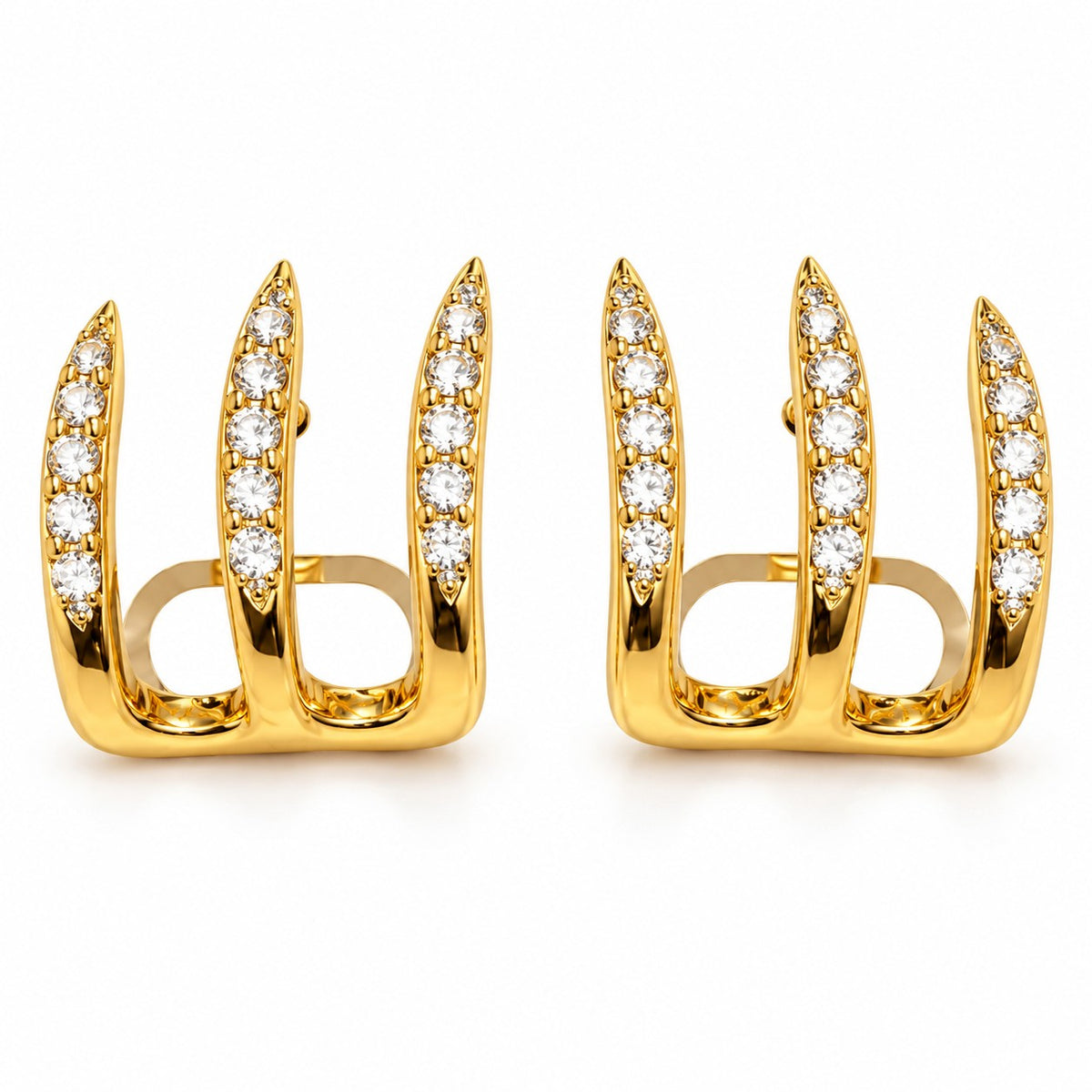Gold triple spike crystal hoop earrings with three crystal-lined prongs on a white background
