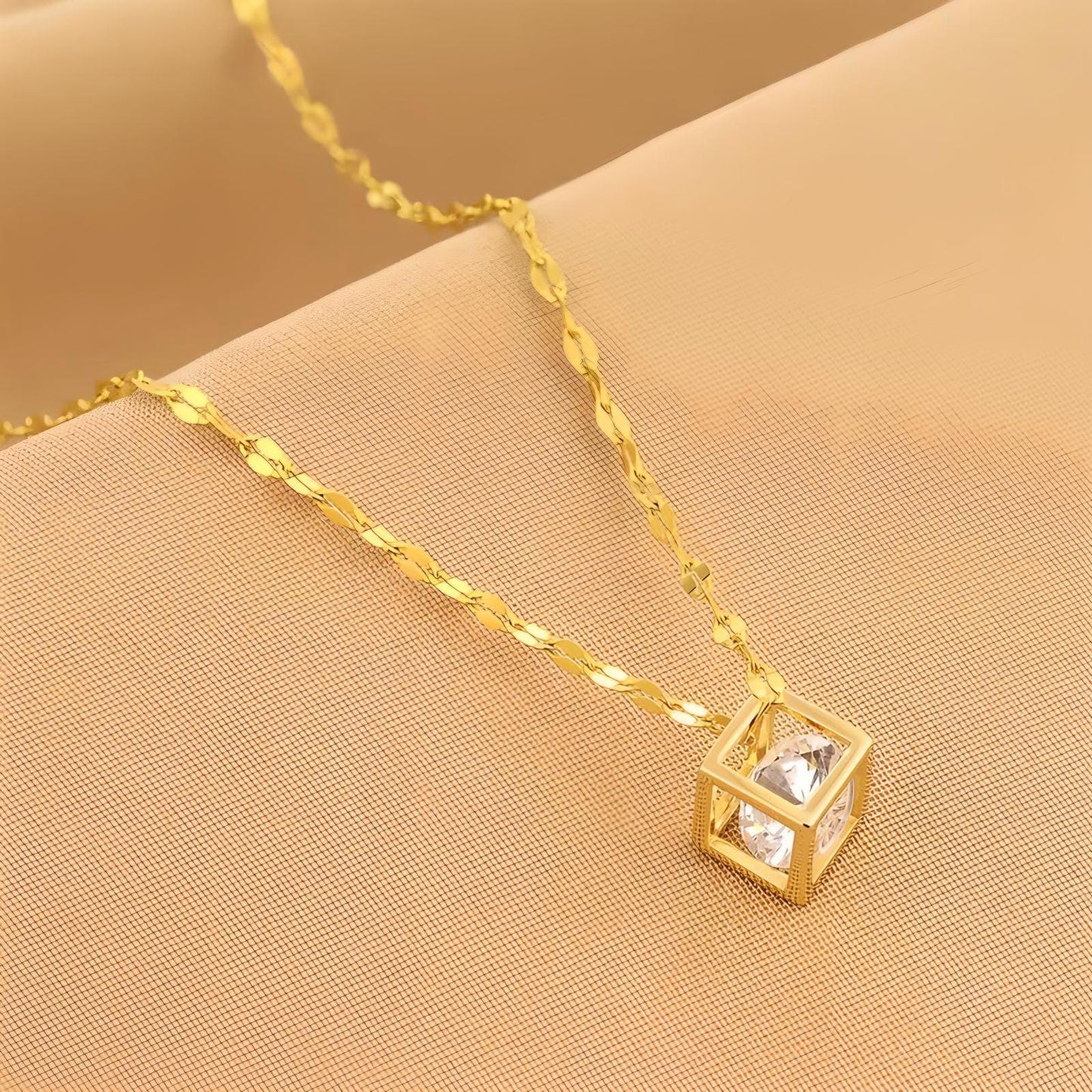 Gold Finish Geometric Cube Crystal Pendant Necklace for Women | Minimal Elegant Jewellery