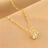 Gold Finish Geometric Cube Crystal Pendant Necklace for Women | Minimal Elegant Jewellery