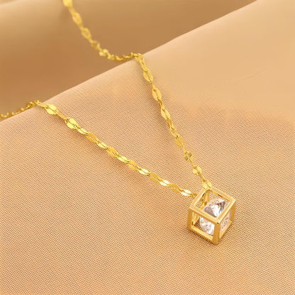 Gold Finish Geometric Cube Crystal Pendant Necklace for Women | Minimal Elegant Jewellery