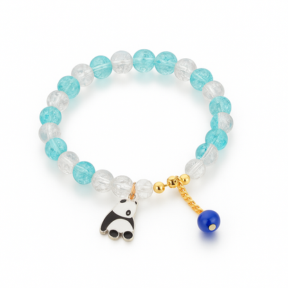 Blue Crystal Beaded Bracelet with Panda Charm – Elegant Handmade Stretch Bracelet for Women