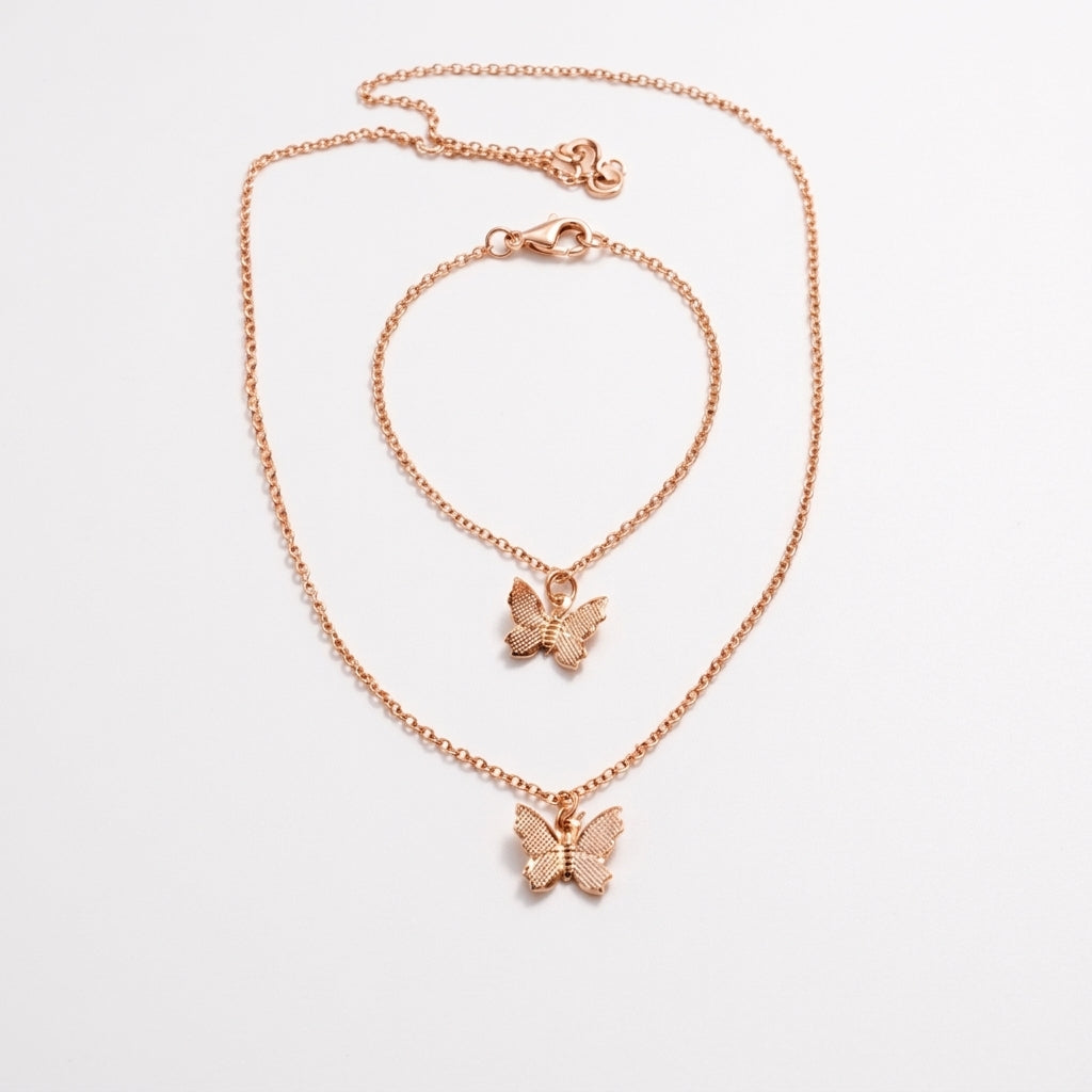 Rose Gold Finish Butterfly Necklace & Bracelet Set for Women