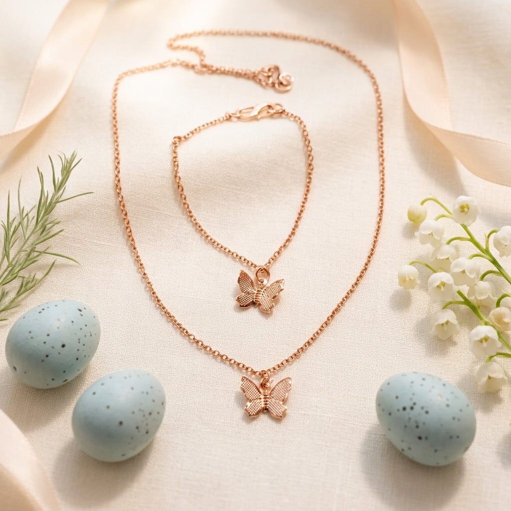 Rose Gold Finish Butterfly Necklace & Bracelet Set for Women