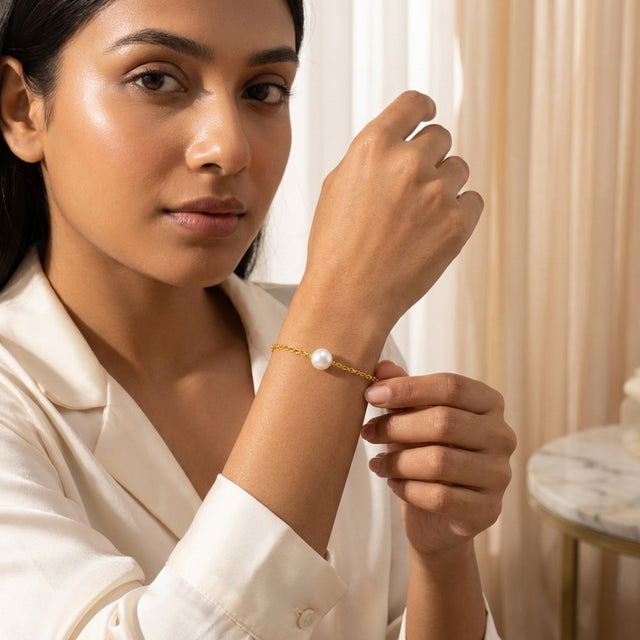 Gold Finish Pearl Bracelet for Women | Elegant Chain Jewelry