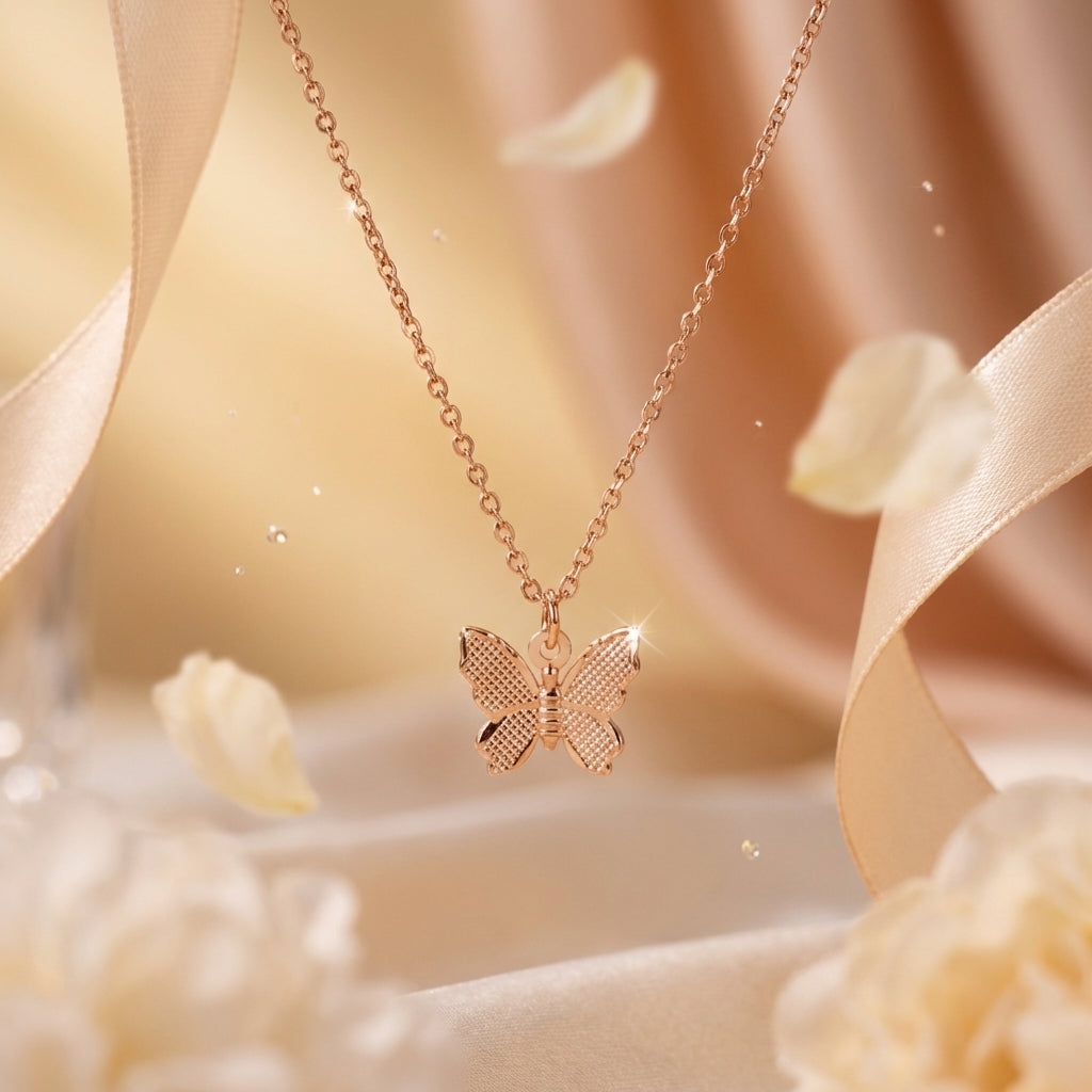Rose Gold Finish Butterfly Necklace & Bracelet Set for Women