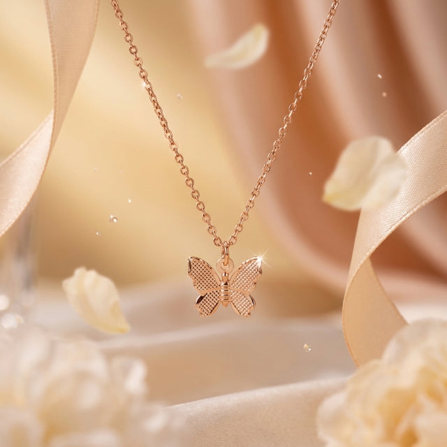Rose Gold Finish Butterfly Necklace & Bracelet Set for Women