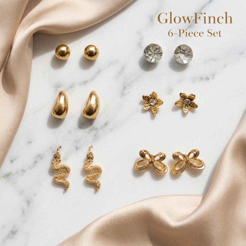 Gold finish Stud Earrings Set for Women | 6-Piece Combo