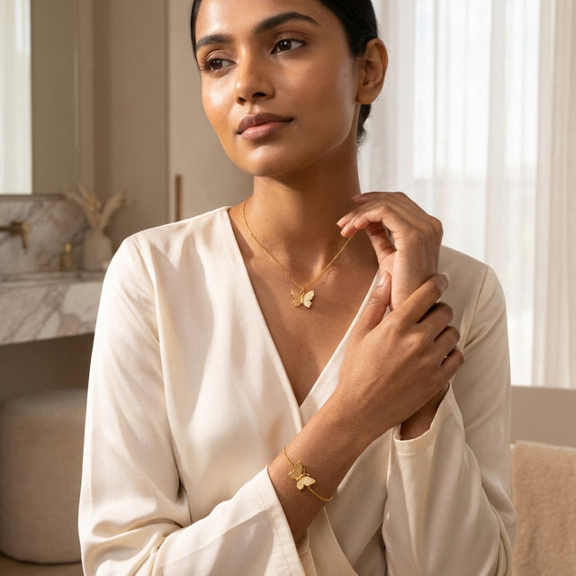 Butterfly Gold Finish Necklace Bracelet Set for Women