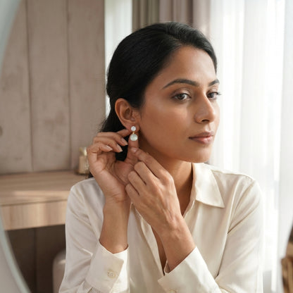 Gold finish Pearl Drop Earrings for Women with Crystal Stud