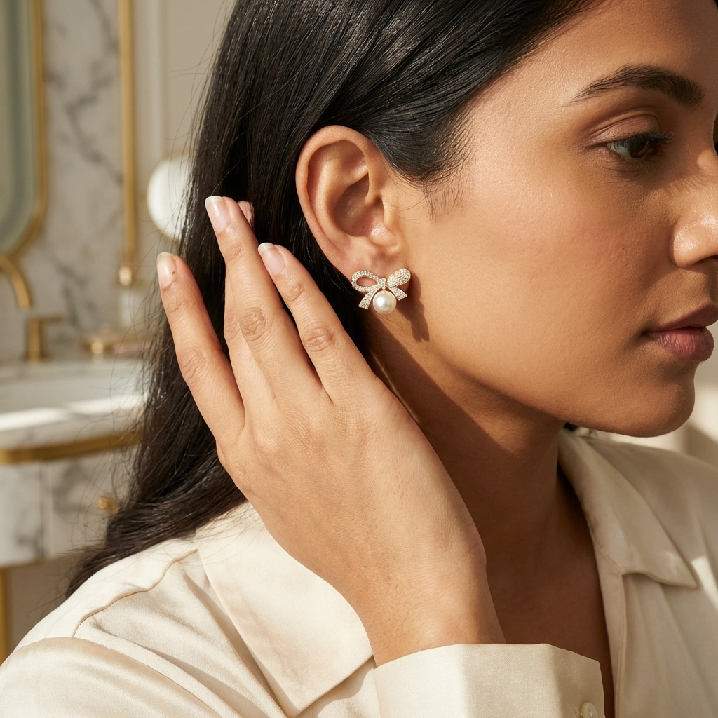 Crystal Bow Pearl Stud Earrings for Women | Gold Tone