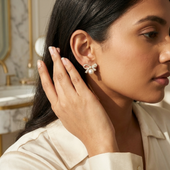 Crystal Bow Pearl Stud Earrings for Women | Gold Tone